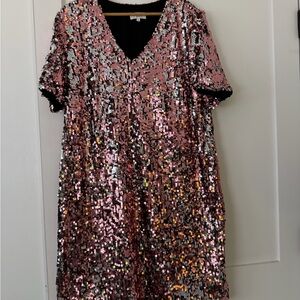 Pink Sequin V-Neck Party Dress